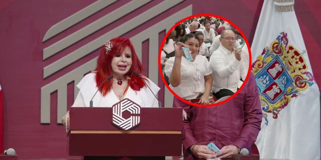 Layda Sansores reparte chocolates de MrBeast en su informe de gobierno.