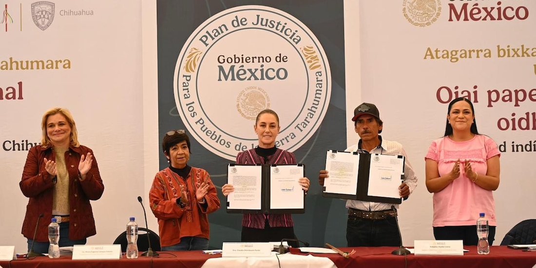 Claudia Sheinbaum durante la entrega de tierras a la comunidad ódami.