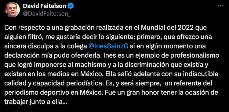 La disculpa que David Faitelson le ofreció a Inés Sainz en X.