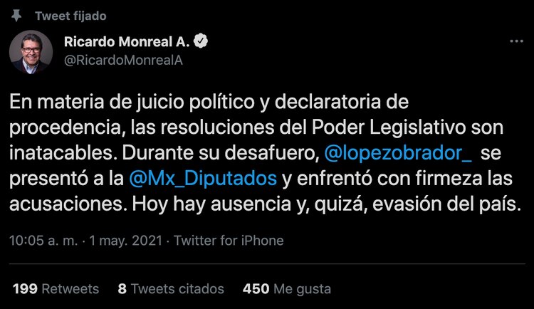 Mensaje escrito por Ricardo Monreal en su cuenta de Twitter.