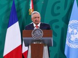 El Presidente López Obrador, en conferencia matutina en Palacio Nacional, hoy.