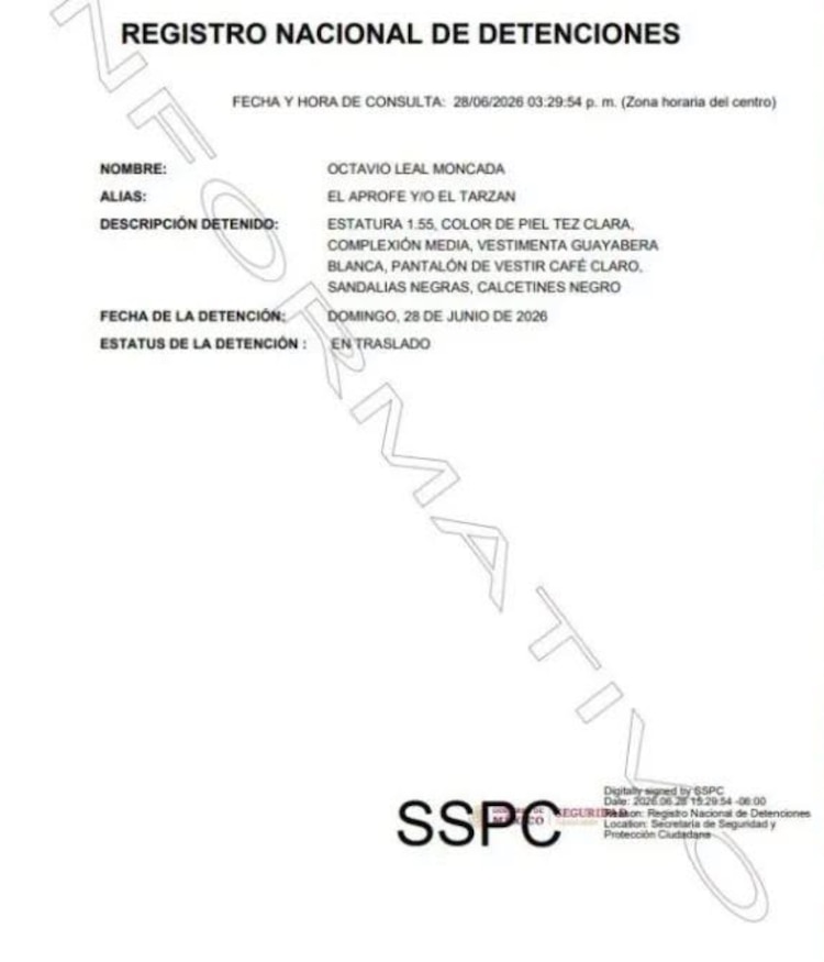 Registro Nacional de Detenciones sobre detención de Octavio Leal