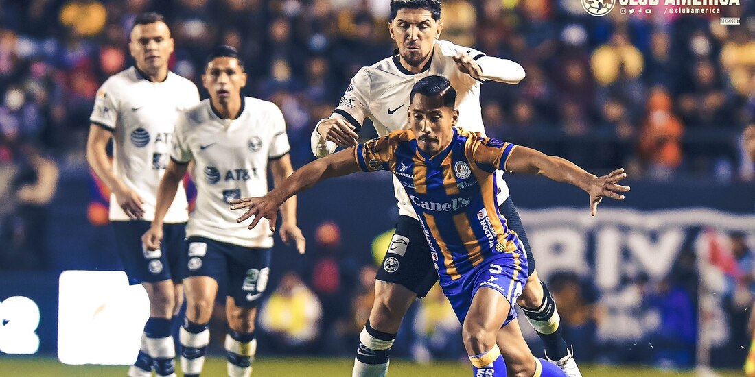 Una acción del Atlético de San Luis vs América, Jornada 7 del Clausura 2023 de la Liga MX