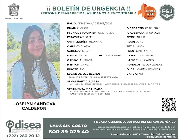 Ficha de búsqueda de Jocelyn Sandoval Calderón, de 21 años, desaparecida desde el 21 de septiembre de 2026.