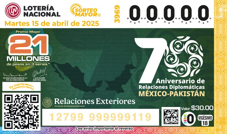El Sorteo Mayor 3969 conmemora el 70° aniversario de las Relaciones Diplomáticas México-Pakistán.