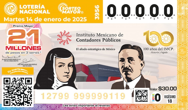 El Sorteo Mayor 3956 conmemora los 100 años de fundación del Instituto Mexicano de Contadores Públicos.