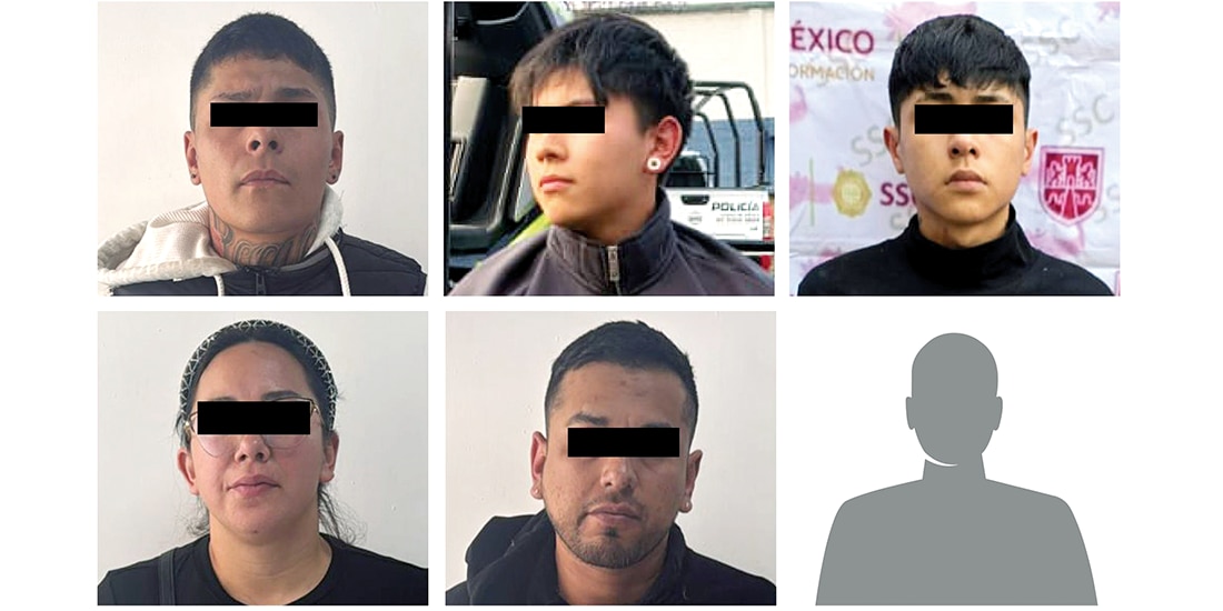 FOTOGRAFÍAS DE LOS seis presuntos extorsionadores detenidos este mes, entre los que hay un menor.