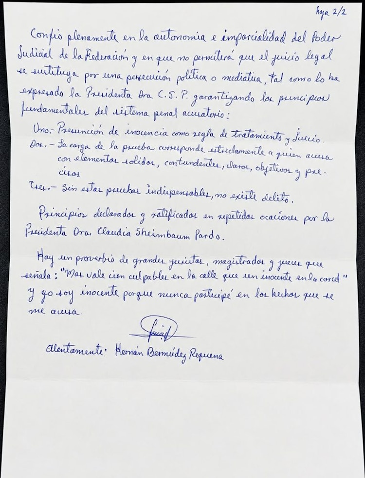 Carta atribuida a Hernán Bermúdez Requena difundida el 12 de agosto de 2026.
