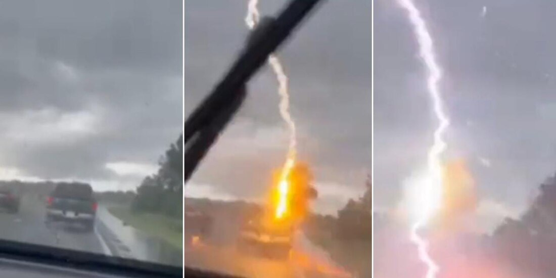 Mujer capta caída de rayo sobre camioneta de su esposo en Florida, Estados Unidos.