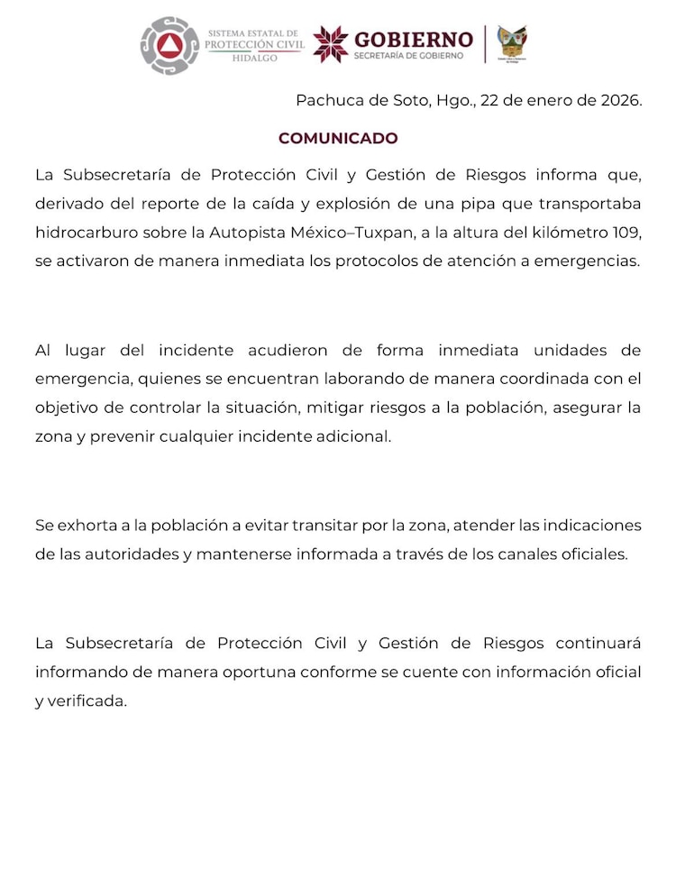 Comunicado de Protección Civil Hidalgo.