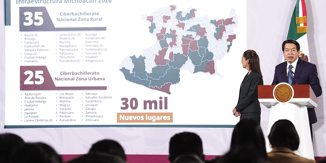 La presidenta Claudia Sheinbaum y Mario Delgado, ayer, al informar sobre los avances del Plan Michoacán.