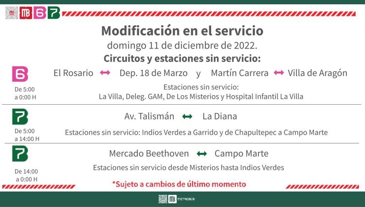 Los días 11 y 12 de diciembre este sistema de movilidad tendrá modificaciones en el servicio de las líneas 6 y 7
