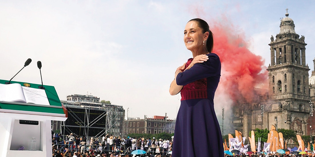La Presidenta Claudia Sheinbaum, durante el séptimo aniversario de la Cuarta Transformación, el 6 de diciembre en el Zócalo capitalino.