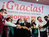 Dirigentes y candidatos de Morena, PT y PVEM, ayer, en conferencia de prensa.
