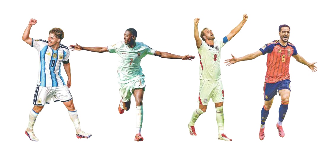 En la imagen los jugadores de Argentina, Francia, Inglaterra y España, Julián Álvarez, Ousmane Dembele, Harry Kane y Mikel Merino