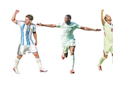 En la imagen los jugadores de Argentina, Francia, Inglaterra y España, Julián Álvarez, Ousmane Dembele, Harry Kane y Mikel Merino