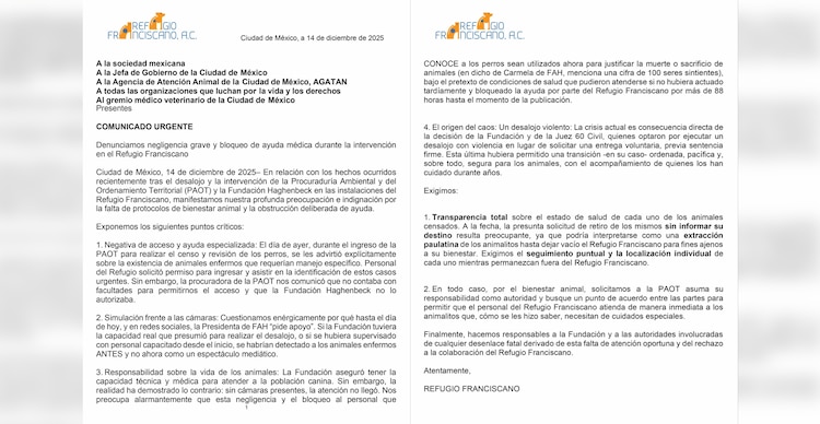 Comunicado del Refugio Franciscano