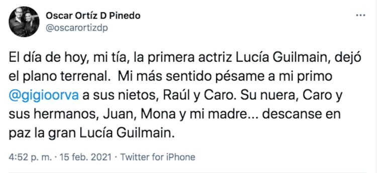 Así despidió su sobrino a Lucía Guilmáin.