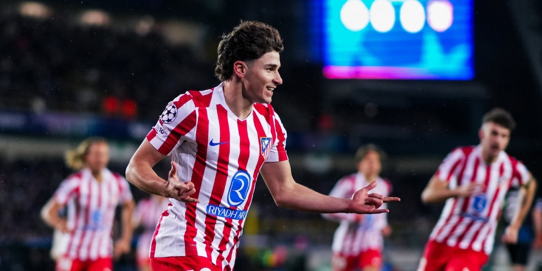 Julián Alvarez celebra un gol en la Champions League con el Atlético de Madrid