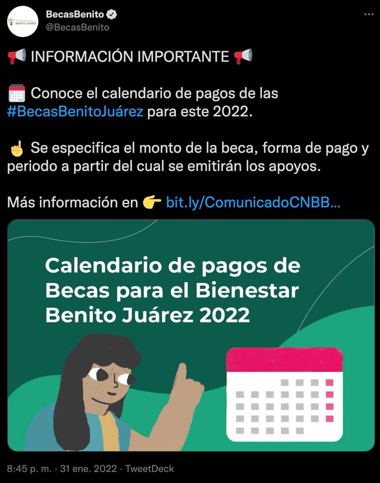 Mensaje publicado en la cuenta de Twitter de la Beca Benito Juárez.