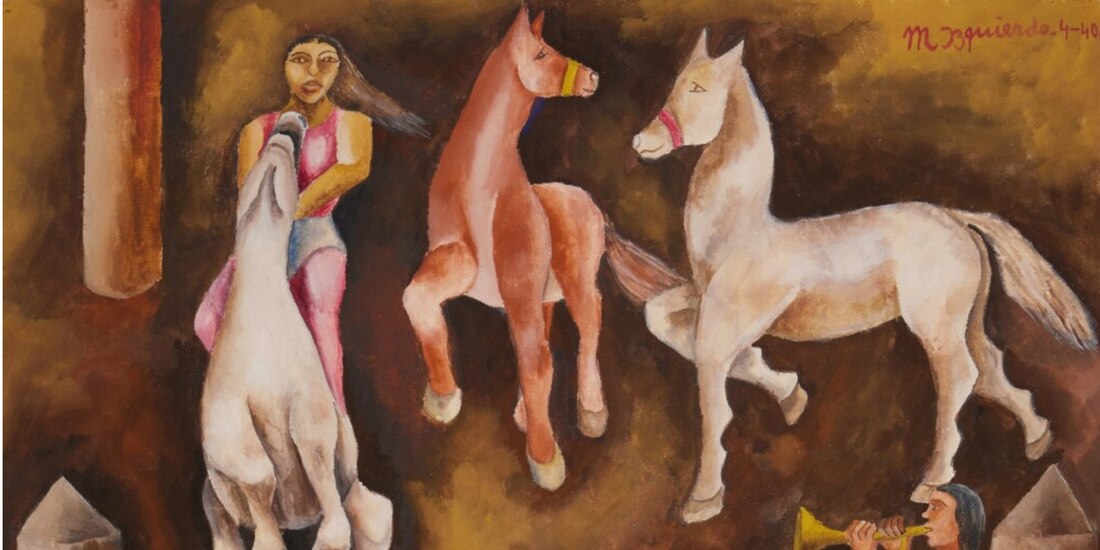 La obra Caballo en el circo data de abril de 1940 y mide 42 x 54 centímetros.