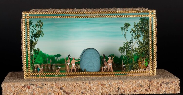 "Olmecas transportando una cabeza monumental", hecha por Alfredo en 2005