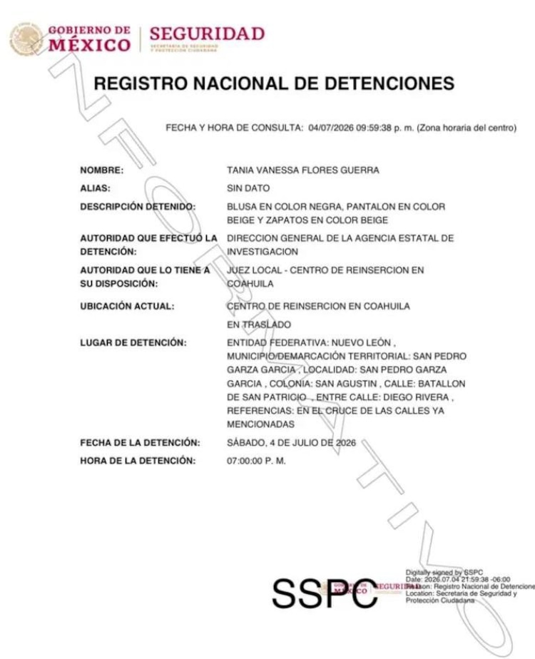 Registro de detención de Tania Flores Guerra