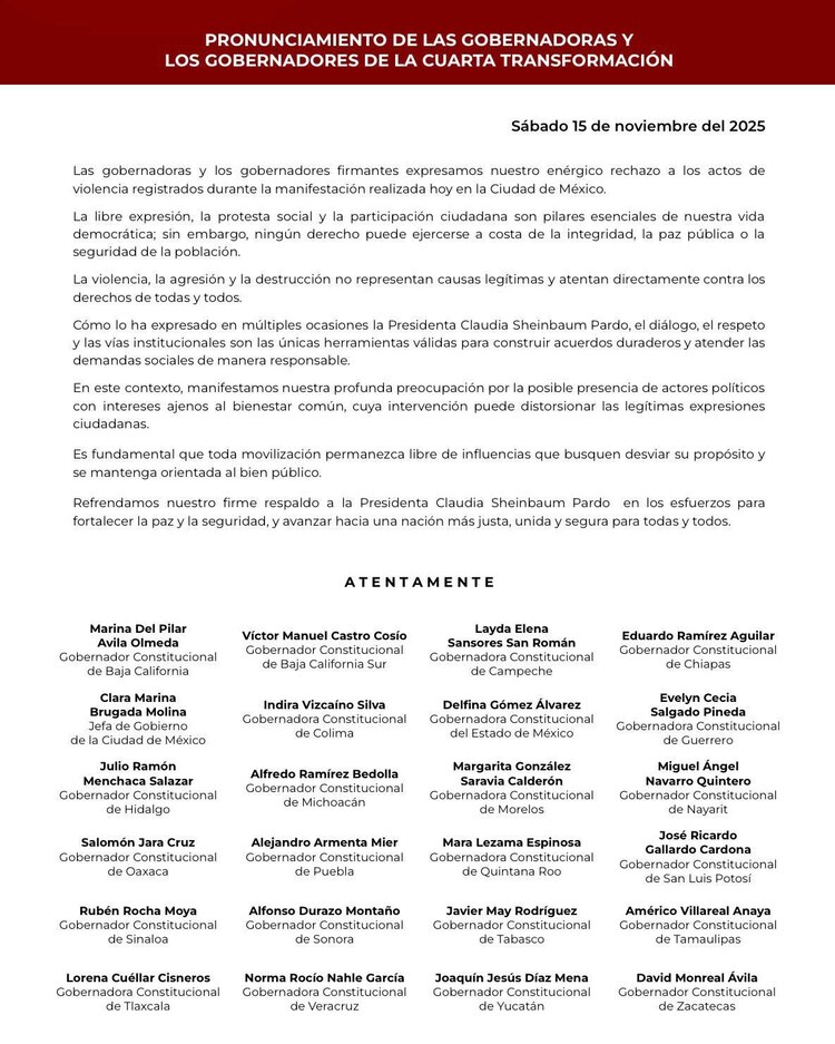 Gobernadores de la llamada Cuarta Transformación rechazan la violencia durante la "Marcha de la Generación Z".
