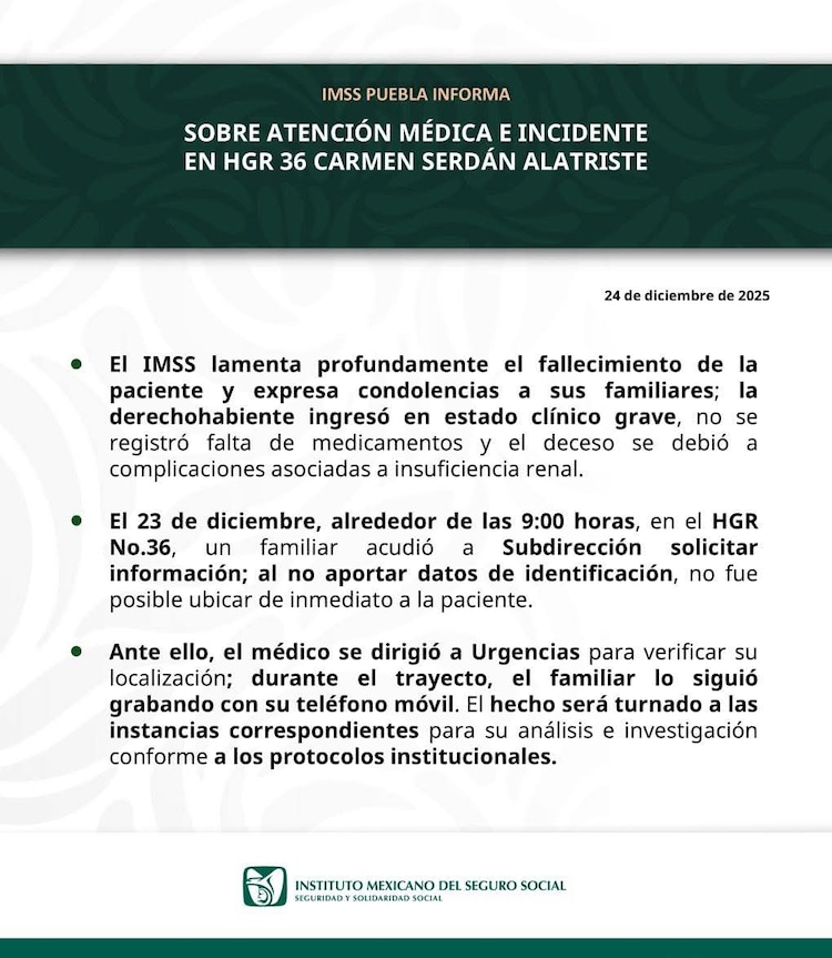Denuncian agresión a familiar tras muerte de paciente en hospital del IMSS