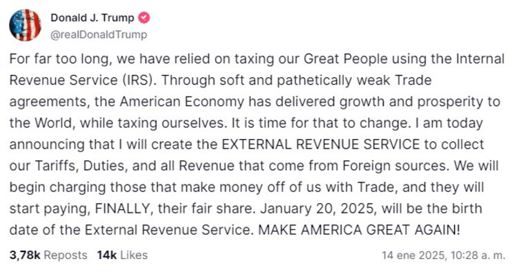 Mensaje de Donald Trump en la red social Truth.