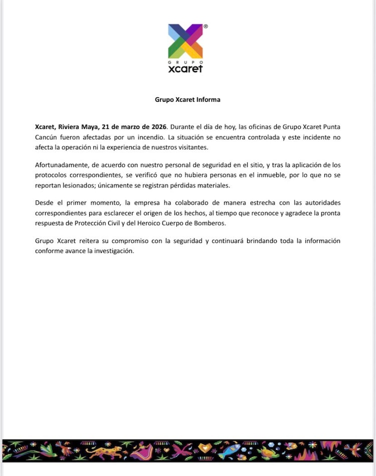 Grupo Xcaret se pronuncia sobre incendio en Cancún.