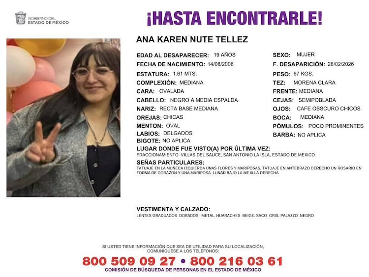 Ficha de desaparición de Ana Karen Nute Téllez