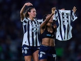 Jermaine Seoposenwe celebrates her goal 1-1 with Christina Burkenroad of Monterrey during the Quarter-Finals first second match between Monterrey and Tigres UANL as part of the Torneo Clausura 2025, Liga MX Femenil at BBVA Bancomer Stadium on April 28, 2025 in Monterrey, Nuevo Leon, Mexico.