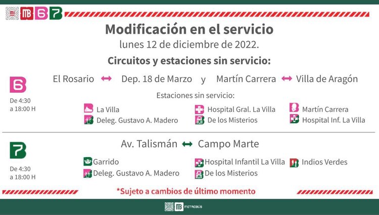 Los días 11 y 12 de diciembre este sistema de movilidad tendrá modificaciones en el servicio de las líneas 6 y 7