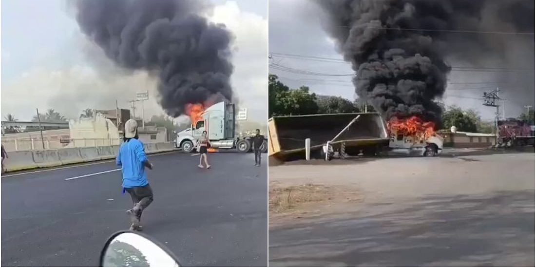 Quema de vehículos y bloqueos carreteros tras enfrentamiento armado en Colima.