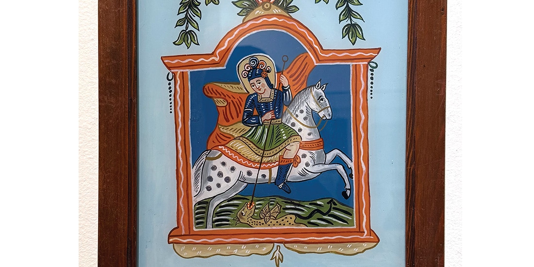 SAN JORGE, pintura inversa sobre vidrio del siglo XX.