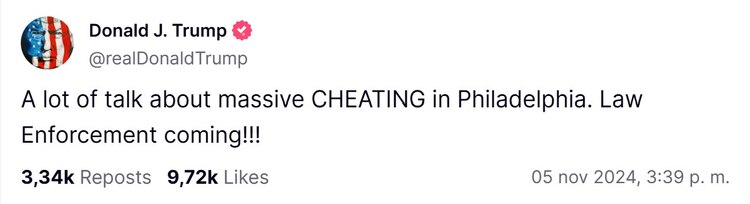 A través de Truth, Trump denunció un fraude "masivo en Filadelfia. Foto: Captura de Pantalla