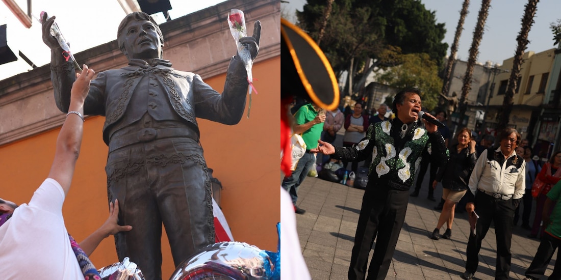 Fans de Juan Gabriel se reúnen frente a la estatua del artista que se encuentra en la Plaza de Garibaldi, en enero