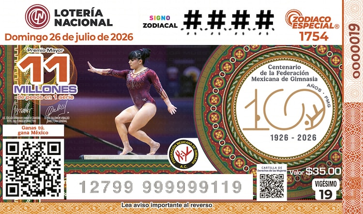 El billete del Sorteo Zodiaco Especial 1754 estuvo dedicado al Centenario de la Federación Mexicana de Gimnasia.