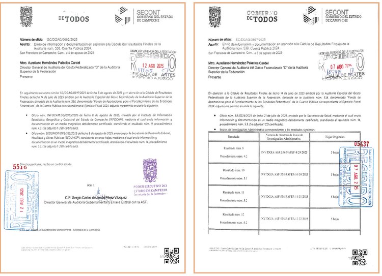Oficios remitidos por la Contraloría estatal que buscaban justificar las anomalías
