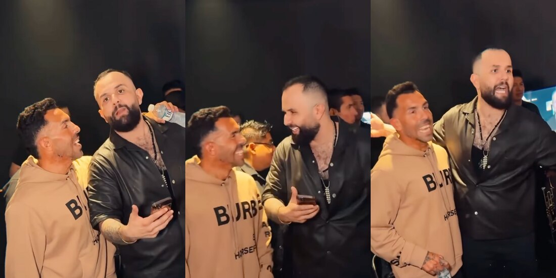 Carlos Tévez y Carin León cantando un vallenato al estilo del regional mexicano Foto: Captura de pantalla