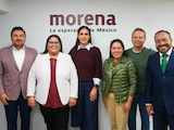 Rosi Bayardo durante el encuentro con las dirigencias nacionales de Morena y del PVEM para consolidar la alianza en Colima.