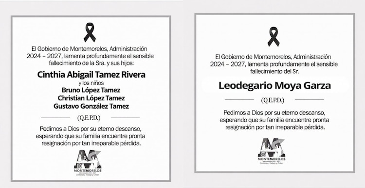 Publicación del Gobierno Municipal de Montemorelos sobre la muerte de Cindy Tamez y su familia