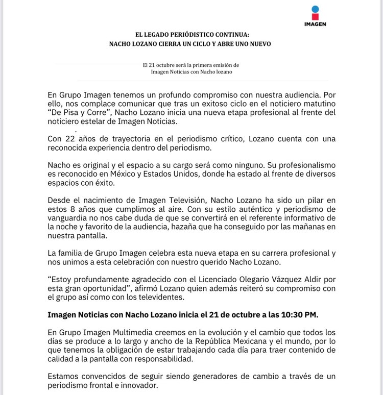 El 21 de octubre será la primera emisión de Imagen Noticias con Nacho Lozano.