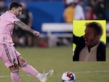 David Beckham festejó de manera descontrolada el gol de tiro libre de Leo Messi.