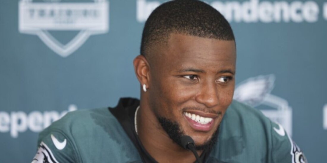 El corredor de los Eagles, Saquon Barkley, en conferencia de prensa el 23 de julio pasado.