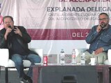 Paco Ignacio Taibo II (izq.) y Nahum Montt, en mayo de 2017, en Azcapotzalco.