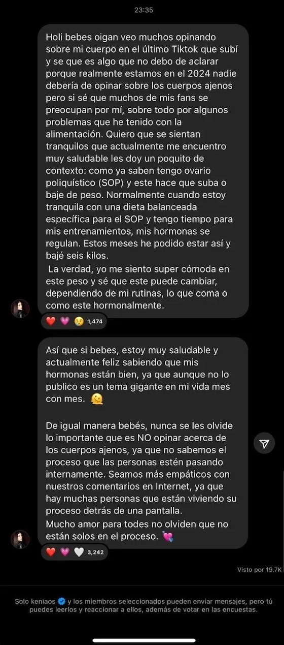 Kenia Os explica el motivo de su esbelta figura.