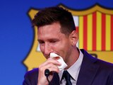 Lionel Messi llora durante la conferencia de prensa en la que se despidió del Barcelona el pasado 8 de agosto.