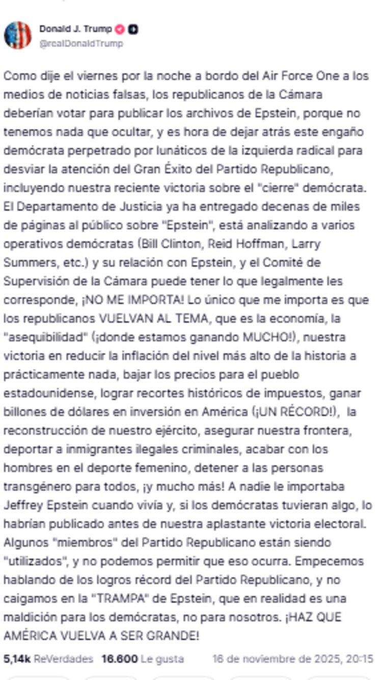 Mensaje publicado por el presidente de Estados Unidos, Donald Trump
